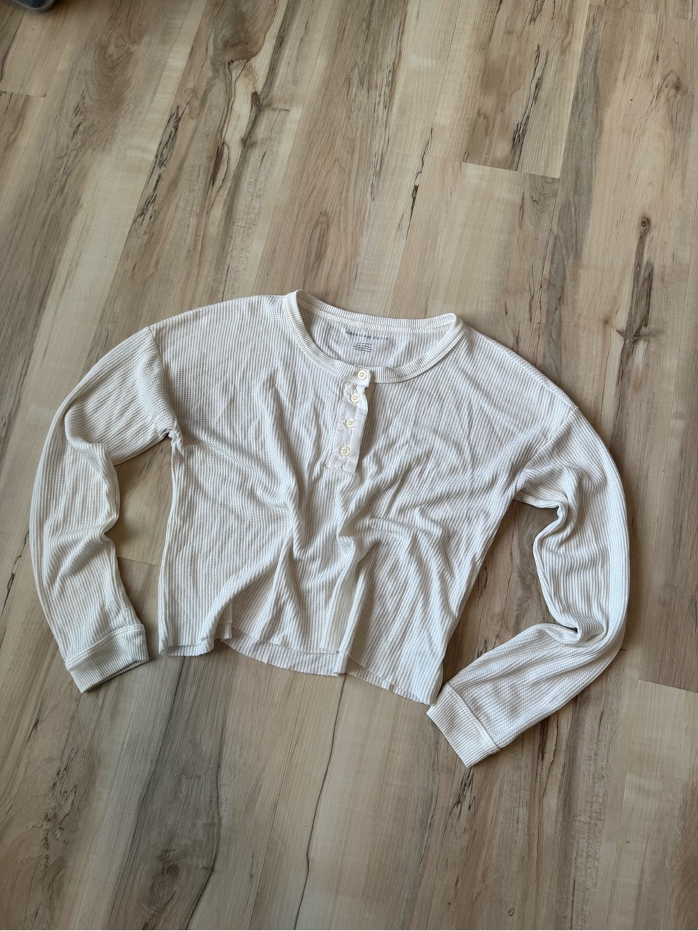 American‎ Eagle Women Cream Waffle Knit Henley Long Sleeve Shirt XS/S